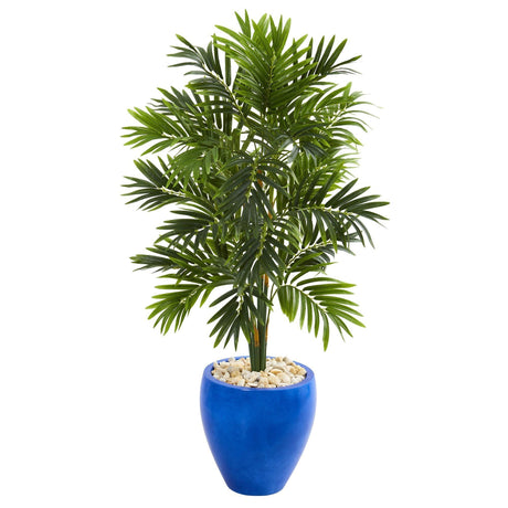 4’ Areca Palm Artificial Tree in Glazed Blue Planter-Parc Decor