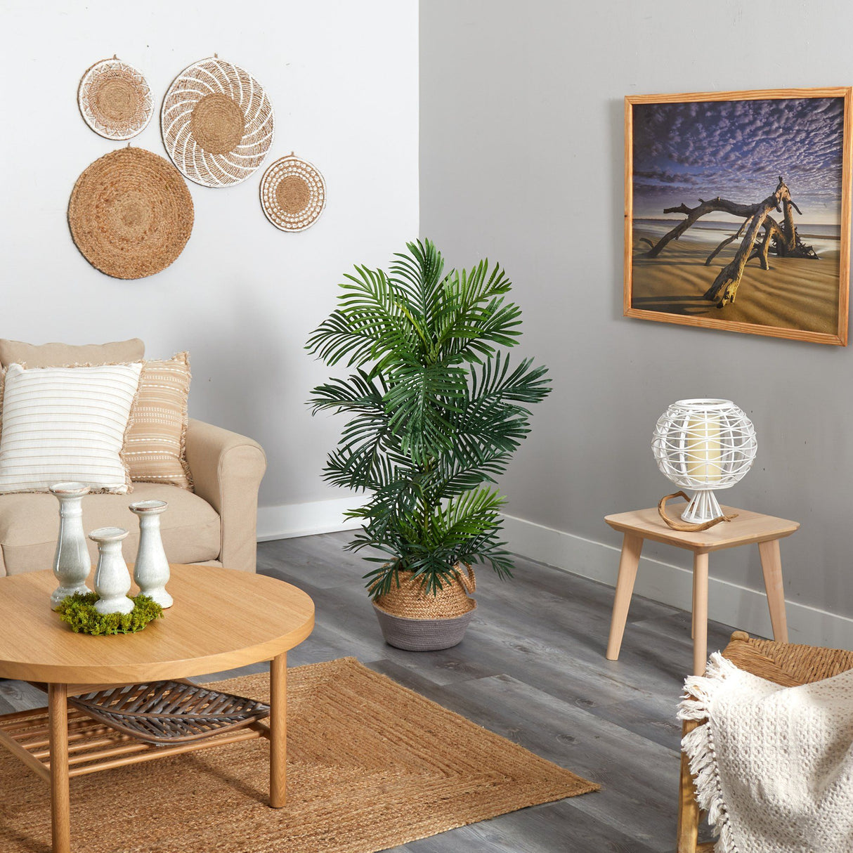4’ Areca Palm Tree in Boho Chic Handmade Cotton & Jute Gray Woven Planter UV Resistant-Parc Decor