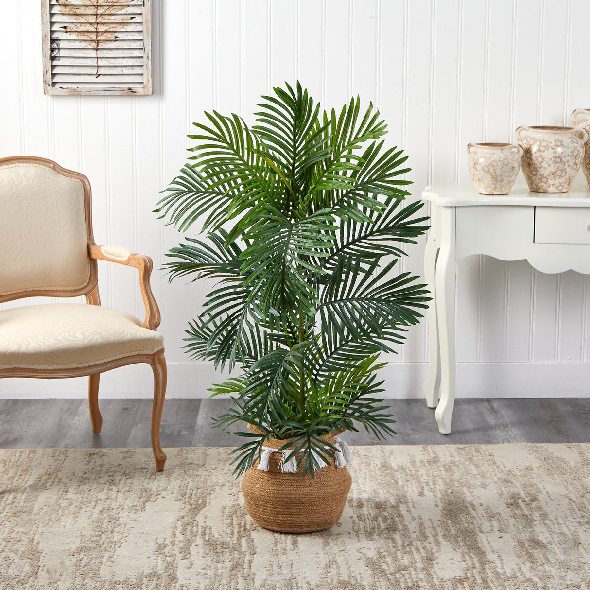 4’ Areca Palm Tree in Boho Chic Handmade Natural Cotton Woven Planter with Tassels UV Resistant-Parc Decor