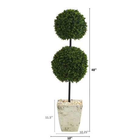 4’ Boxwood Double Ball Artificial Topiary Tree in Country White Planter (Indoor/Outdoor)-Parc Decor