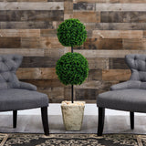 4’ Boxwood Double Ball Artificial Topiary Tree in Country White Planter (Indoor/Outdoor)-Parc Decor