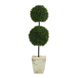 4’ Boxwood Double Ball Artificial Topiary Tree in Country White Planter (Indoor/Outdoor)-Parc Decor