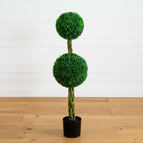 4’ Boxwood Double Ball Artificial Topiary Tree with Woven Trunk UV Resistant (Indoor/Outdoor)-Parc Decor