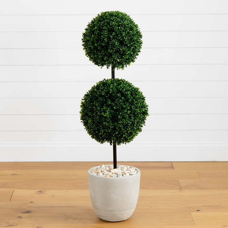 4’ Boxwood Double Ball Topiary Artificial Tree in Oval Planter (Indoor/Outdoor)-Parc Decor