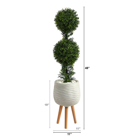 4’ Boxwood Double Ball Topiary Artificial Tree in White Planter with Stand (Indoor/Outdoor)-Parc Decor