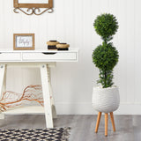 4’ Boxwood Double Ball Topiary Artificial Tree in White Planter with Stand (Indoor/Outdoor)-Parc Decor