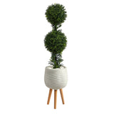 4’ Boxwood Double Ball Topiary Artificial Tree in White Planter with Stand (Indoor/Outdoor)-Parc Decor