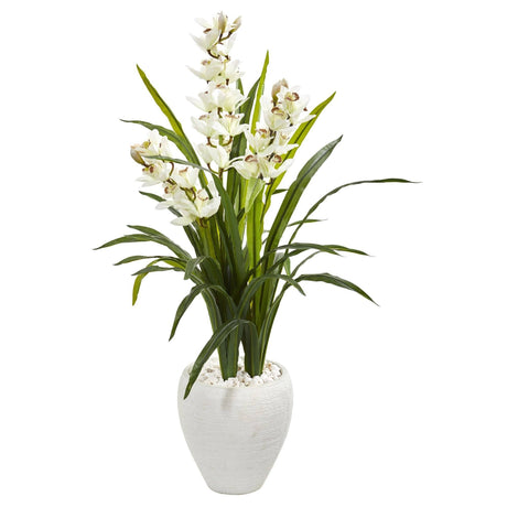 4’ Cymbidium Orchid Artificial Plant in White Planter-Parc Decor