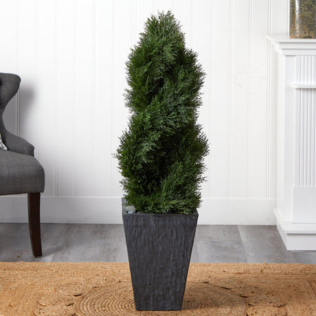 4’ Cypress Double Spiral Topiary Artificial Tree in Slate Planter (Indoor/Outdoor)-Parc Decor