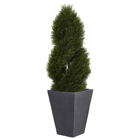 4’ Cypress Double Spiral Topiary Artificial Tree in Slate Planter (Indoor/Outdoor)-Parc Decor