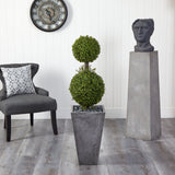 4’ Double Boxwood Topiary Artificial Tree in Cement Planter (Indoor/Outdoor)-Parc Decor