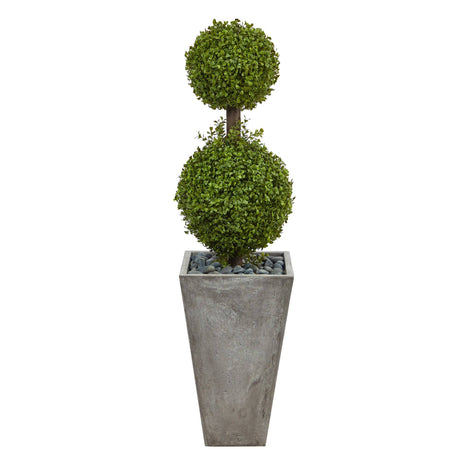 4’ Double Boxwood Topiary Artificial Tree in Cement Planter (Indoor/Outdoor)-Parc Decor