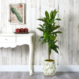 4’ Dracaena Artificial Plant in Flower Print Planter (Real Touch)-Parc Decor