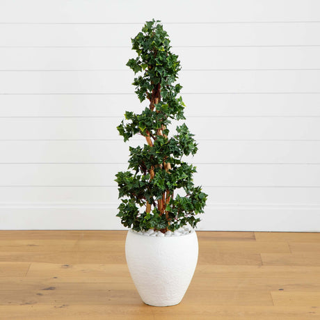 4’ English Ivy Topiary Tree in White Oval Planter UV Resistant (Indoor/Outdoor)-Parc Decor