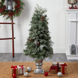 4’ English Pine Tree with 100 Warm White LED Lights and 413 Bendable Branches in Decorative Urn-Parc Decor