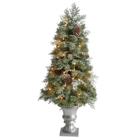 4’ English Pine Tree with 100 Warm White LED Lights and 413 Bendable Branches in Decorative Urn-Parc Decor