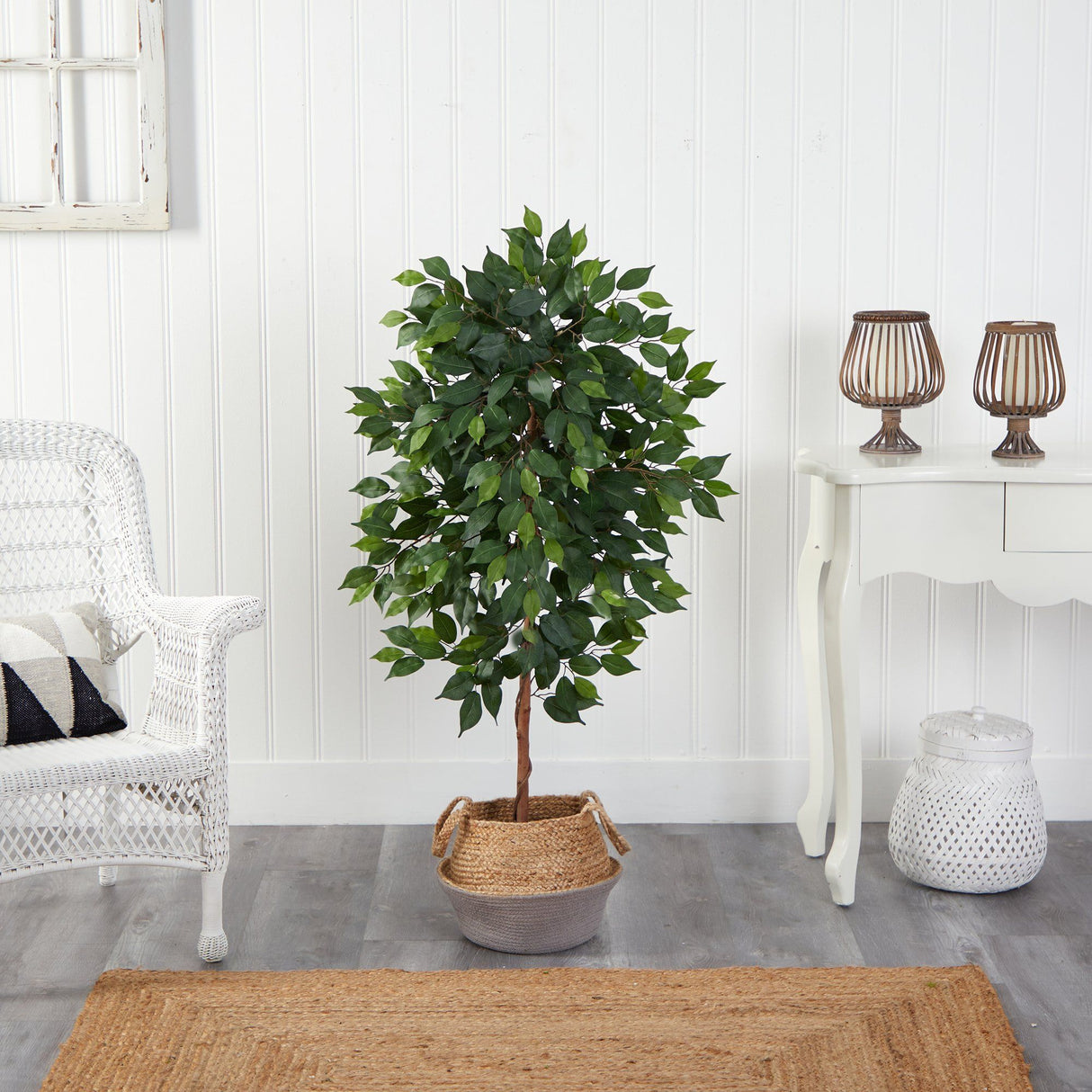 4’ Ficus Artificial Tree in Boho Chic Handmade Cotton & Jute Gray Woven Planter-Parc Decor