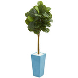 4’ Fiddle Leaf Artificial Tree in Turquoise Planter (Real Touch)-Parc Decor