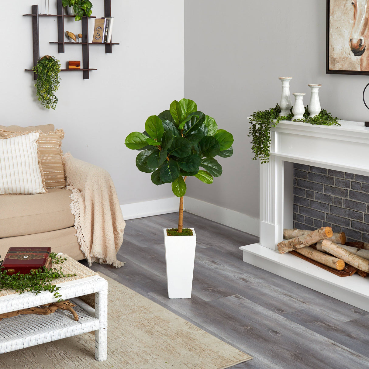 4’ Fiddle Leaf Artificial Tree in White Tower Planter-Parc Decor