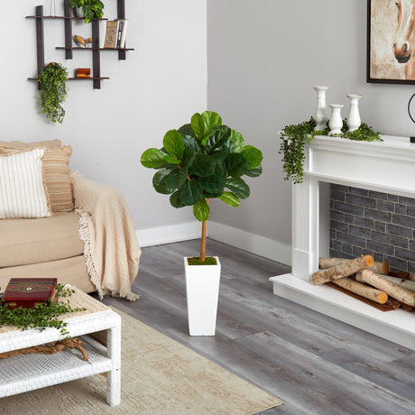 4’ Fiddle Leaf Artificial Tree in White Tower Planter-Parc Decor