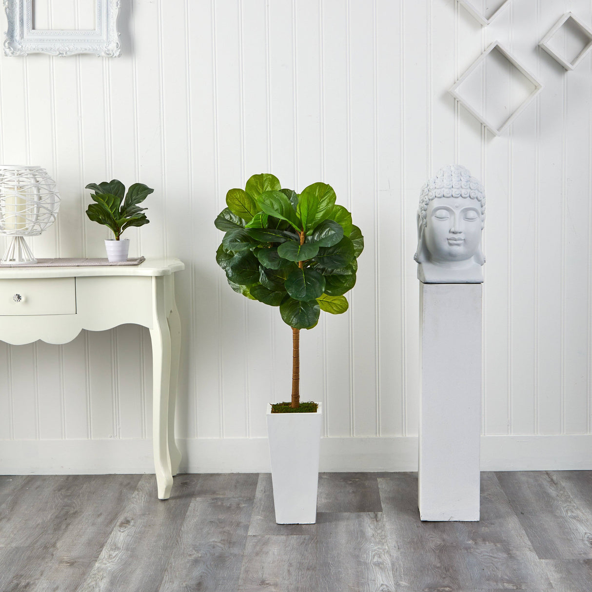 4’ Fiddle Leaf Artificial Tree in White Tower Planter-Parc Decor