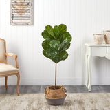 4’ Fiddle Leaf Tree in Boho Chic Handmade Cotton & Jute Gray Woven Planter UV Resistant-Parc Decor