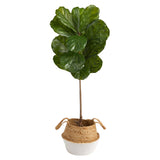 4’ Fiddle Leaf Tree in Boho Chic Handmade Cotton & Jute White Woven Planter UV Resistant-Parc Decor