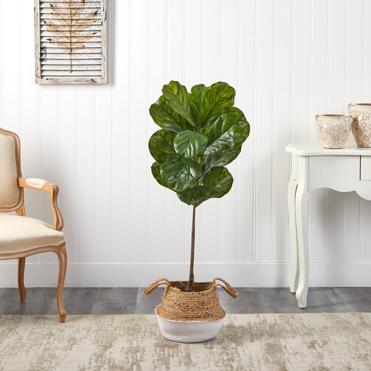4’ Fiddle Leaf Tree in Boho Chic Handmade Cotton & Jute White Woven Planter UV Resistant-Parc Decor