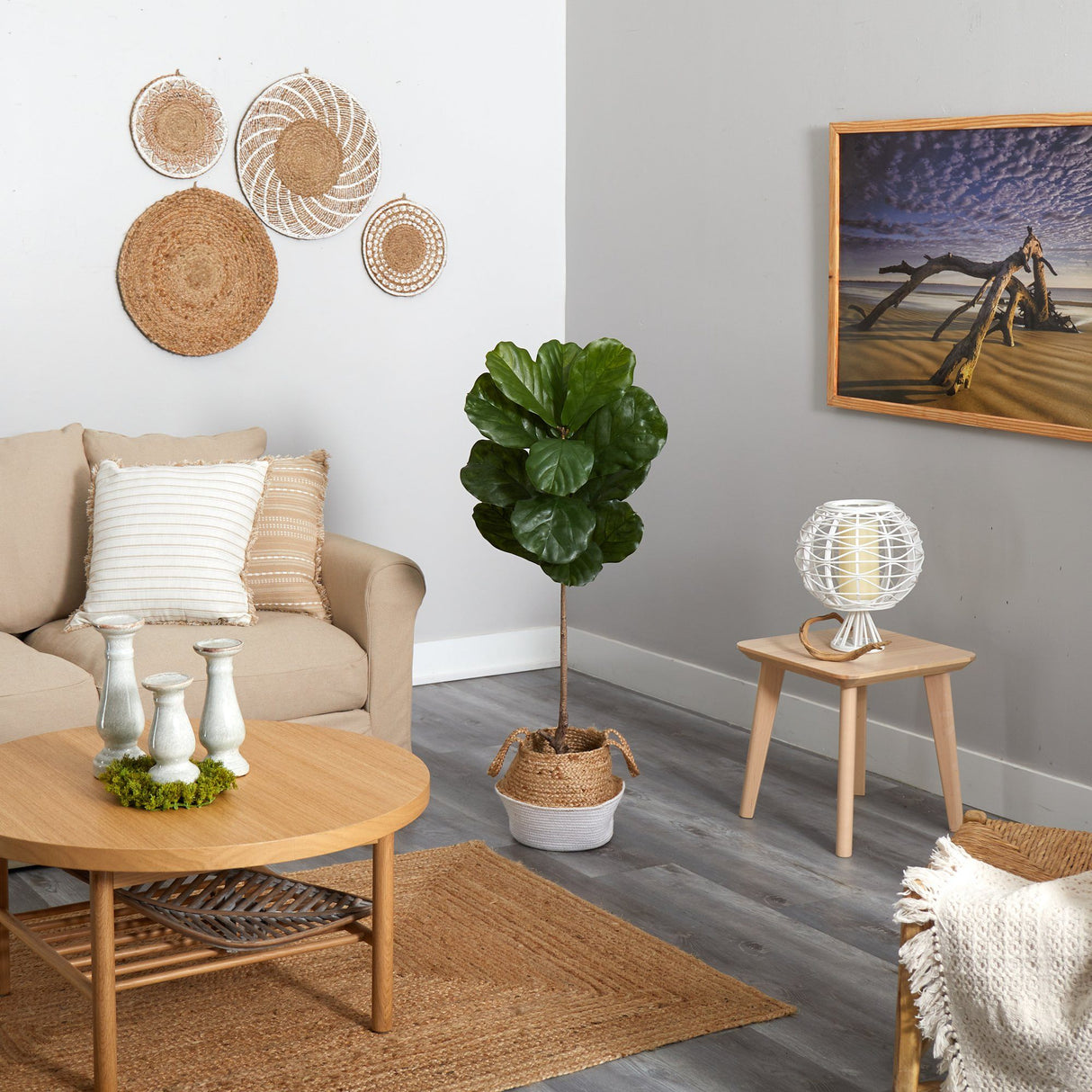 4’ Fiddle Leaf Tree in Boho Chic Handmade Cotton & Jute White Woven Planter UV Resistant-Parc Decor