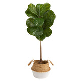 4’ Fiddle Leaf Tree in Boho Chic Handmade Cotton & Jute White Woven Planter UV Resistant-Parc Decor