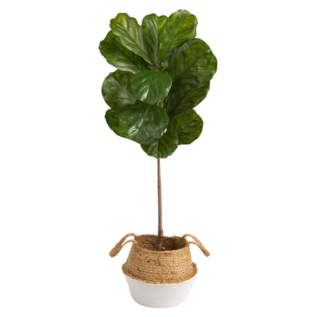 4’ Fiddle Leaf Tree in Boho Chic Handmade Cotton & Jute White Woven Planter UV Resistant-Parc Decor