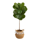4’ Fiddle Leaf Tree in Boho Chic Handmade Natural Cotton Woven Planter with Tassels UV Resistant-Parc Decor