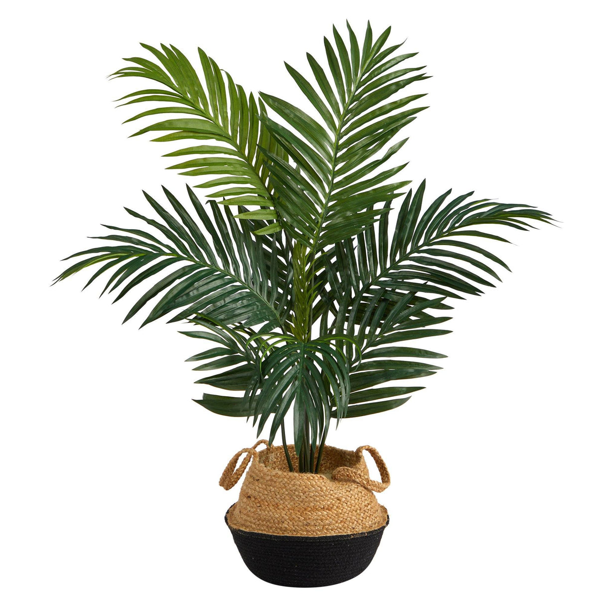 4' Kentia Palm Artificial Tree in Boho Chic Handmade Cotton & Jute Black Woven Planter-Parc Decor