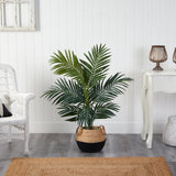 4' Kentia Palm Artificial Tree in Boho Chic Handmade Cotton & Jute Black Woven Planter-Parc Decor