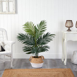 4' Kentia Palm Artificial Tree in Boho Chic Handmade Cotton & Jute White Woven Planter-Parc Decor