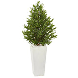 4’ Olive Cone Topiary Artificial Tree in White Planter(Indoor/Outdoor)-Parc Decor