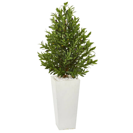 4’ Olive Cone Topiary Artificial Tree in White Planter(Indoor/Outdoor)-Parc Decor