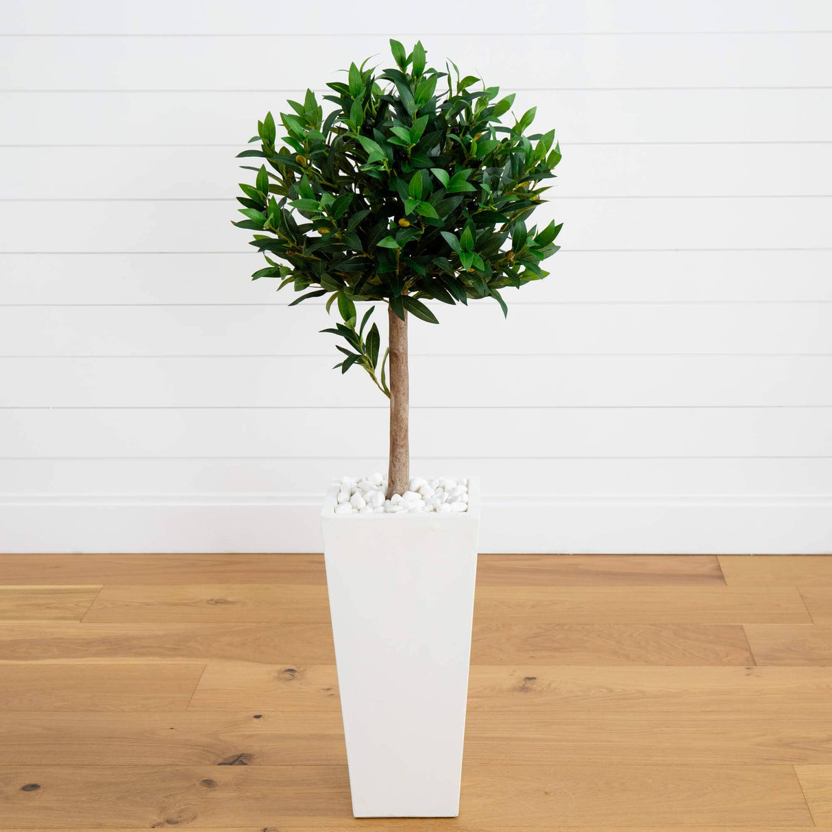 4’ Olive Topiary Artificial Tree in White Planter(Indoor/Outdoor)-Parc Decor
