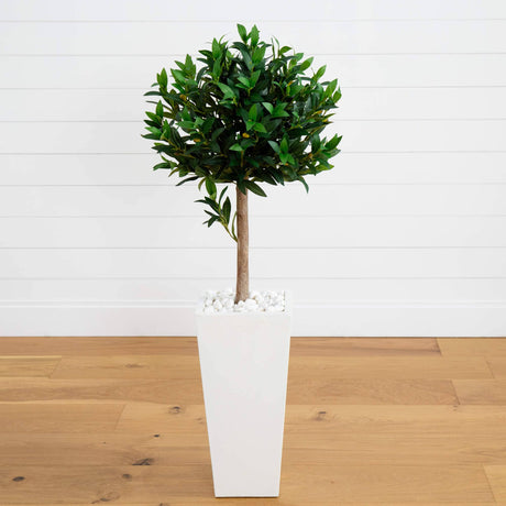 4’ Olive Topiary Artificial Tree in White Planter(Indoor/Outdoor)-Parc Decor