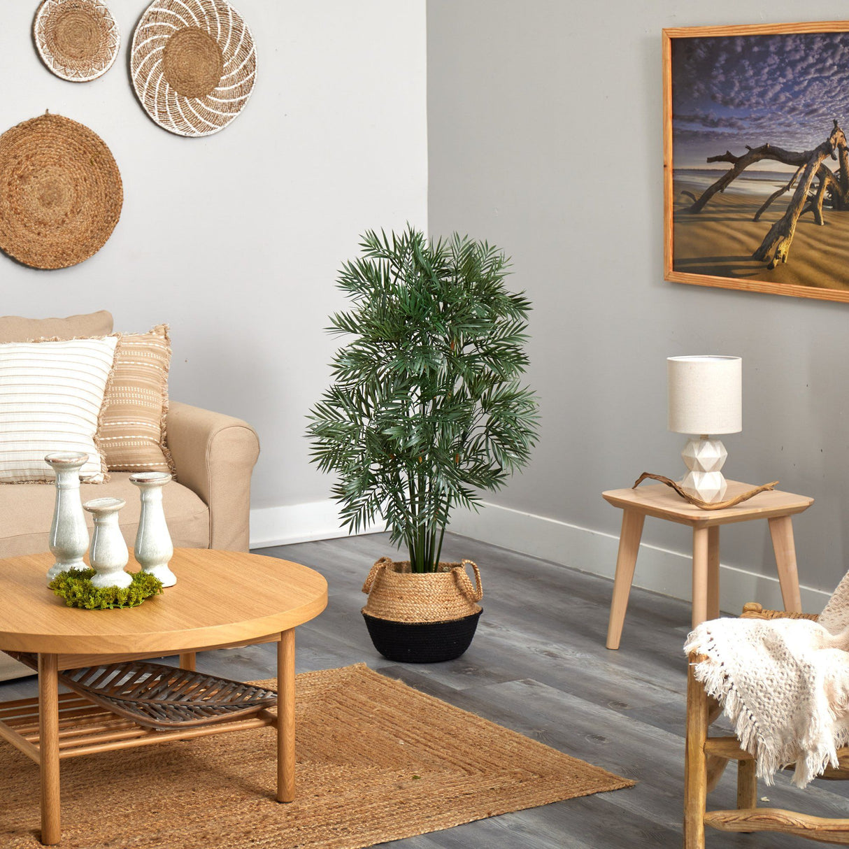 4' Parlor Palm Artificial Tree in Boho Chic Handmade Cotton & Jute Black Woven Planter-Parc Decor