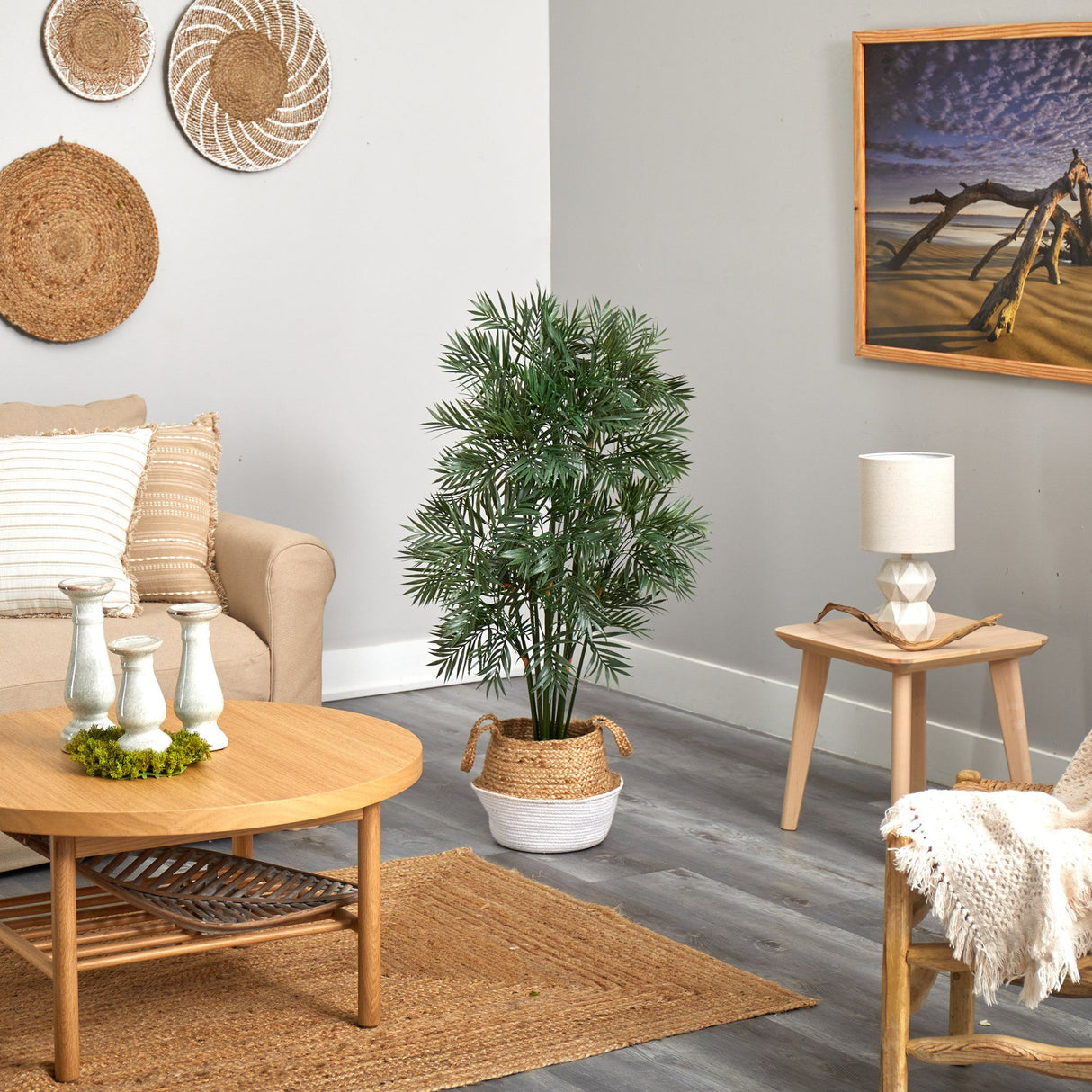 4' Parlor Palm Artificial Tree in Boho Chic Handmade Cotton & Jute White Woven Planter-Parc Decor