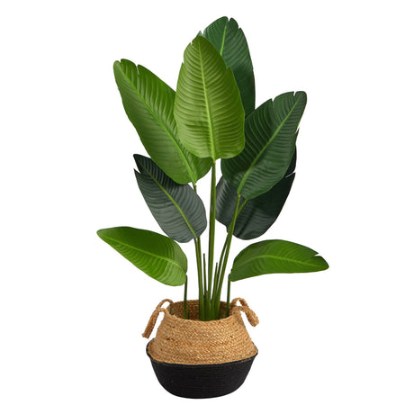 4’ Travelers Palm Artificial Tree in Boho Chic Handmade Cotton & Jute Black Woven Planter-Parc Decor