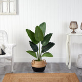 4’ Travelers Palm Artificial Tree in Boho Chic Handmade Cotton & Jute Black Woven Planter-Parc Decor