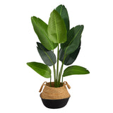 4’ Travelers Palm Artificial Tree in Boho Chic Handmade Cotton & Jute Black Woven Planter-Parc Decor