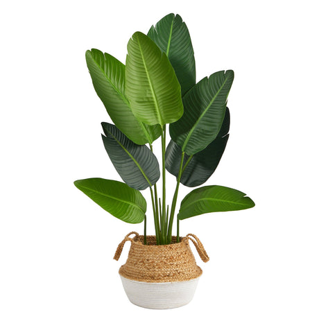 4’ Travelers Palm Artificial Tree in Boho Chic Handmade Cotton & Jute White Woven Planter-Parc Decor