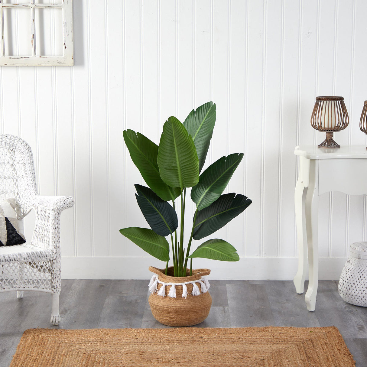 4’ Travelers Palm Artificial Tree in Boho Chic Handmade Natural Cotton Woven Planter with Tassels-Parc Decor