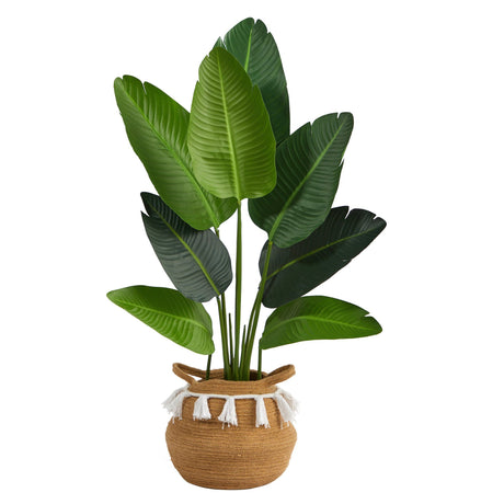 4’ Travelers Palm Artificial Tree in Boho Chic Handmade Natural Cotton Woven Planter with Tassels-Parc Decor