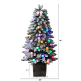 4' Winter Flocked Pre-Lit Tree with 40 LED Globe Lights, 259 Branches in Decorative Planter-Parc Decor