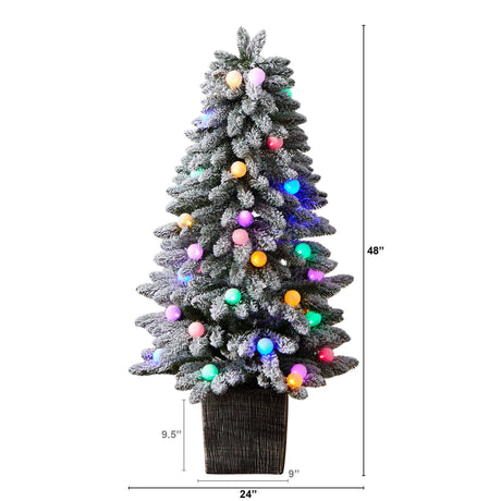 4' Winter Flocked Pre-Lit Tree with 40 LED Globe Lights, 259 Branches in Decorative Planter-Parc Decor