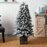 4' Winter Flocked Pre-Lit Tree with 40 LED Globe Lights, 259 Branches in Decorative Planter-Parc Decor